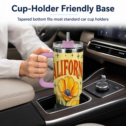 #pl[40oz|Pink] California Poppy 40oz Tumbler with Handle, Sunny Coastal Travel Cup