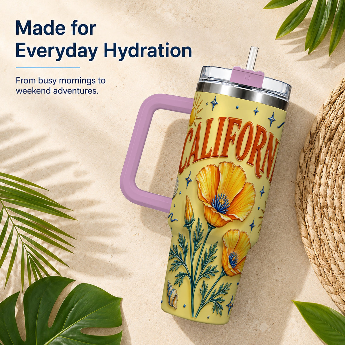 #pl[40oz|Pink] California Poppy 40oz Tumbler with Handle, Sunny Coastal Travel Cup