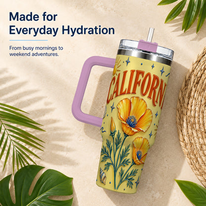 #pl[40oz|Pink] California Poppy 40oz Tumbler with Handle, Sunny Coastal Travel Cup