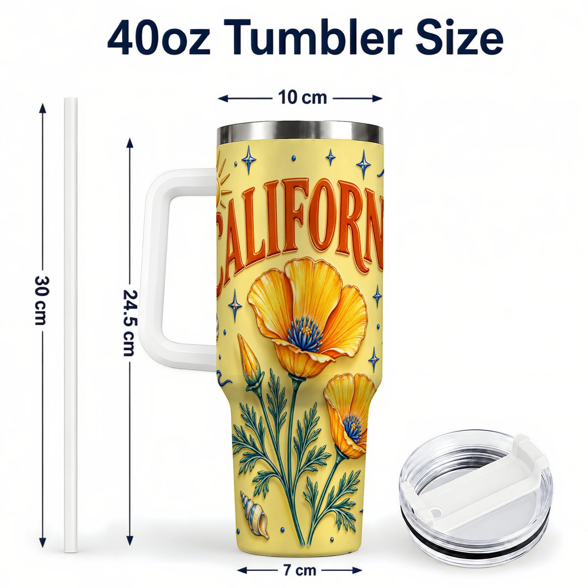 #pl[40oz|White] California Poppy 40oz Tumbler with Handle, Sunny Coastal Travel Cup