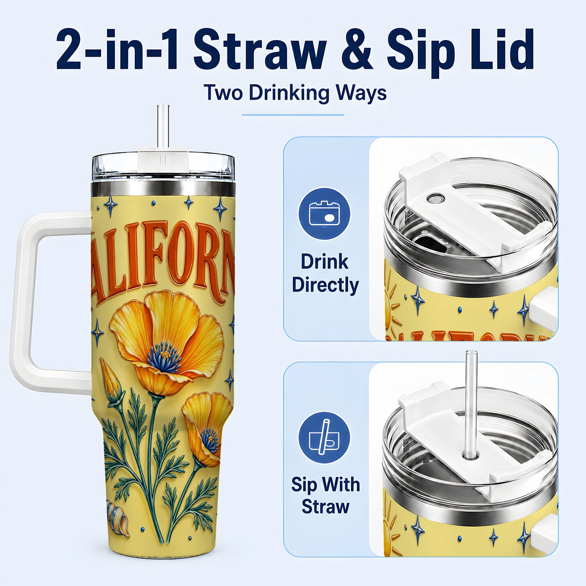 #pl[40oz|White] California Poppy 40oz Tumbler with Handle, Sunny Coastal Travel Cup