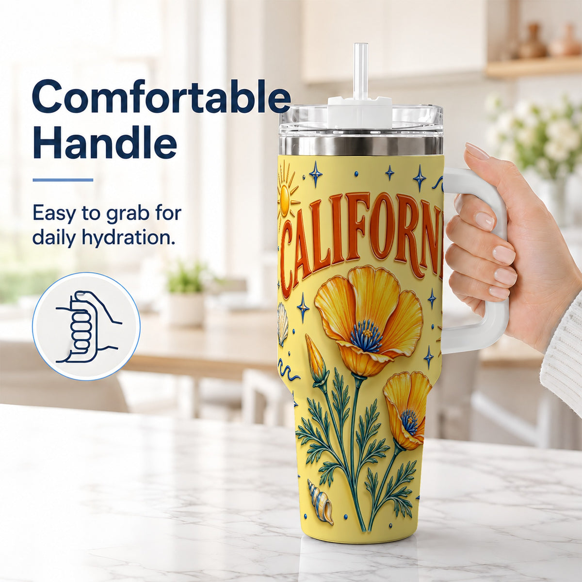 #pl[40oz|White] California Poppy 40oz Tumbler with Handle, Sunny Coastal Travel Cup