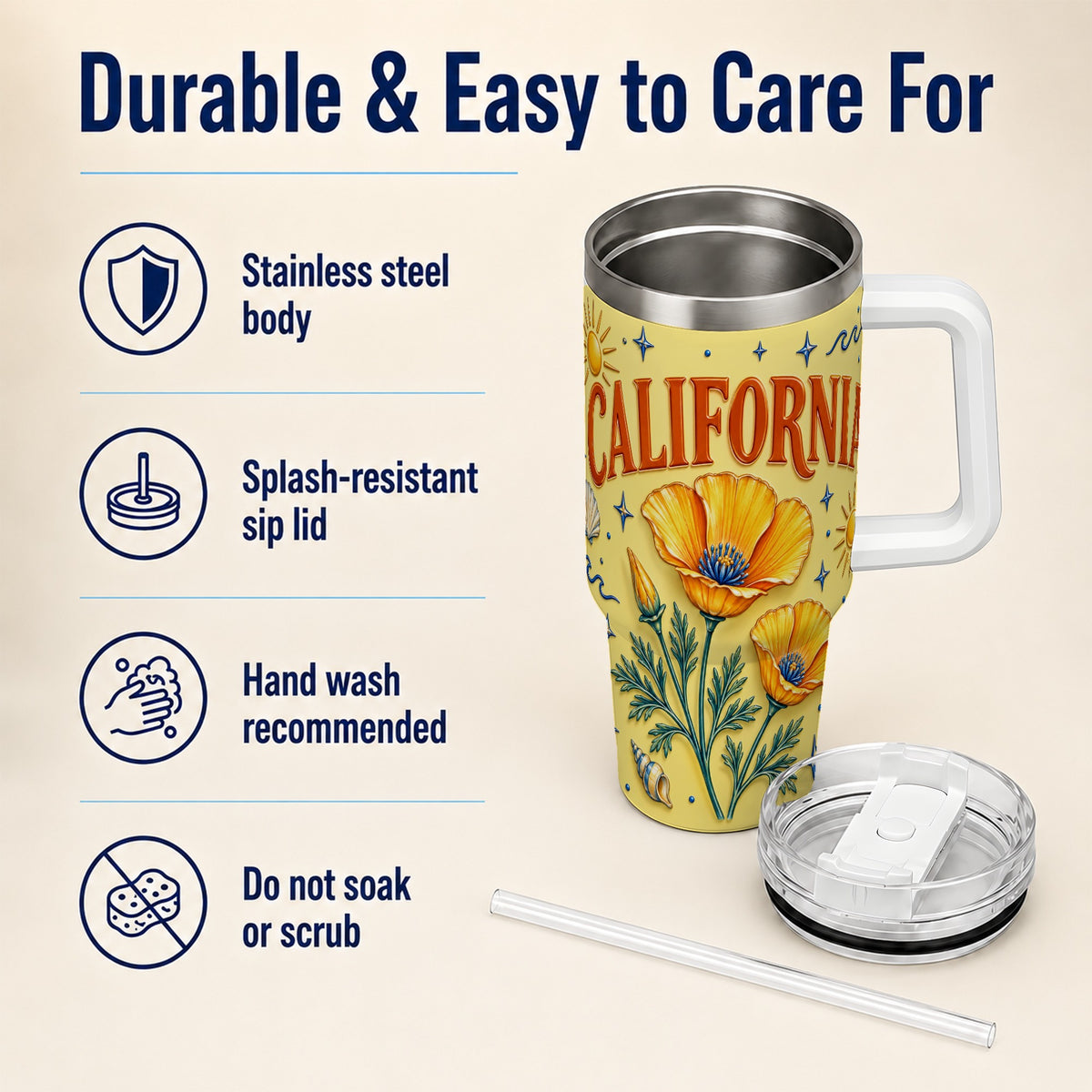 #pl[40oz|White] California Poppy 40oz Tumbler with Handle, Sunny Coastal Travel Cup