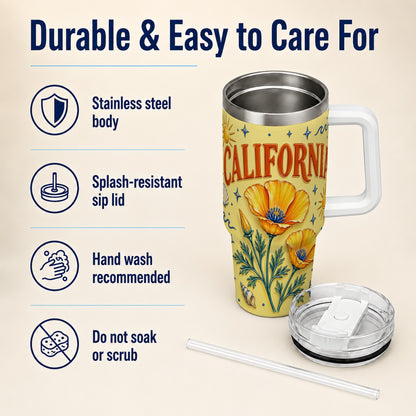 #pl[40oz|White] California Poppy 40oz Tumbler with Handle, Sunny Coastal Travel Cup