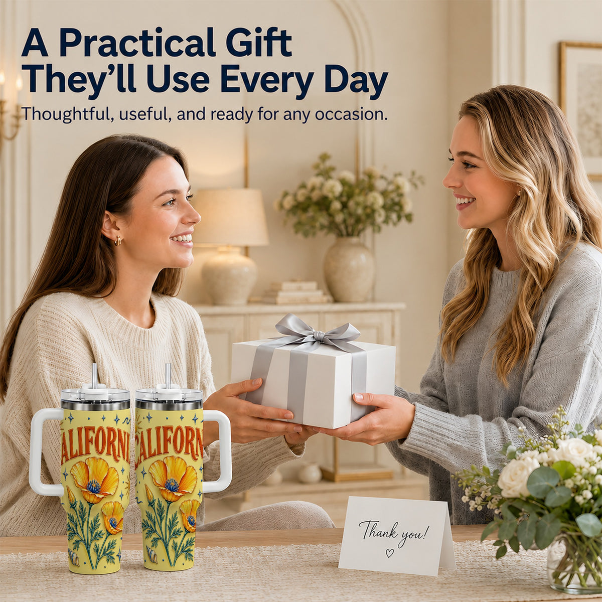 #pl[40oz|White] California Poppy 40oz Tumbler with Handle, Sunny Coastal Travel Cup