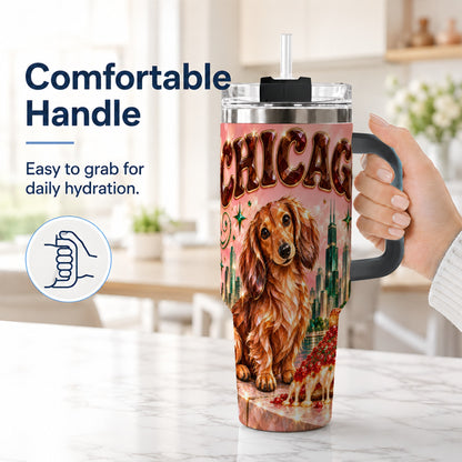 #pl[40oz|Black] Chicago Dog Pizza 40oz Tumbler with Handle, Stainless Steel Travel Cup