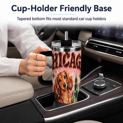 #pl[40oz|Black] Chicago Dog Pizza 40oz Tumbler with Handle, Stainless Steel Travel Cup