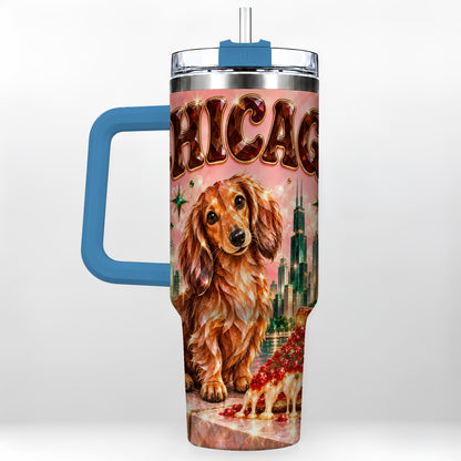 #pl[40oz|Blue] Chicago Dog Pizza 40oz Tumbler with Handle, Stainless Steel Travel Cup