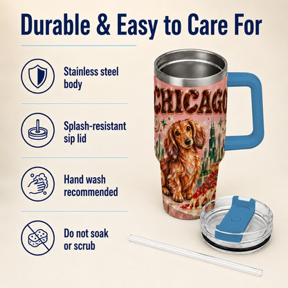 #pl[40oz|Blue] Chicago Dog Pizza 40oz Tumbler with Handle, Stainless Steel Travel Cup
