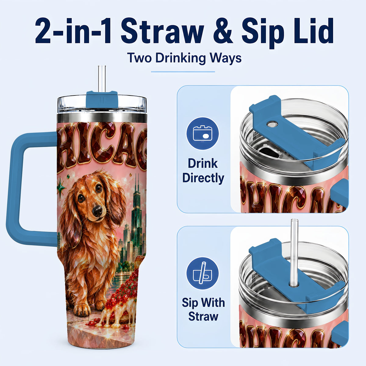 #pl[40oz|Blue] Chicago Dog Pizza 40oz Tumbler with Handle, Stainless Steel Travel Cup