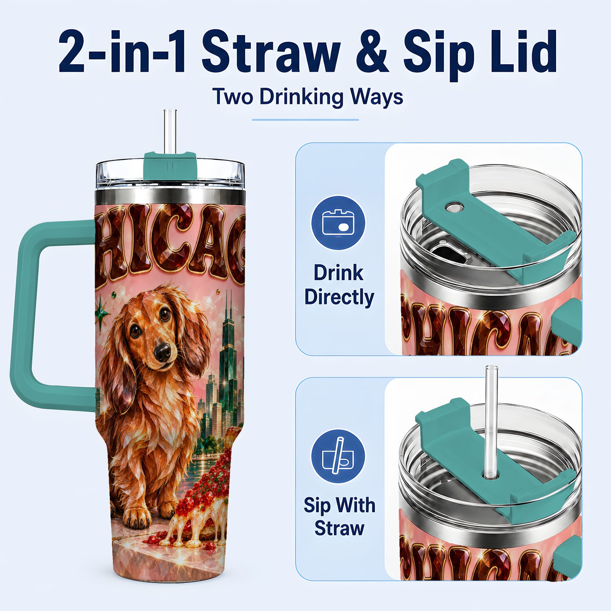 #pl[40oz|Green] Chicago Dog Pizza 40oz Tumbler with Handle, Stainless Steel Travel Cup