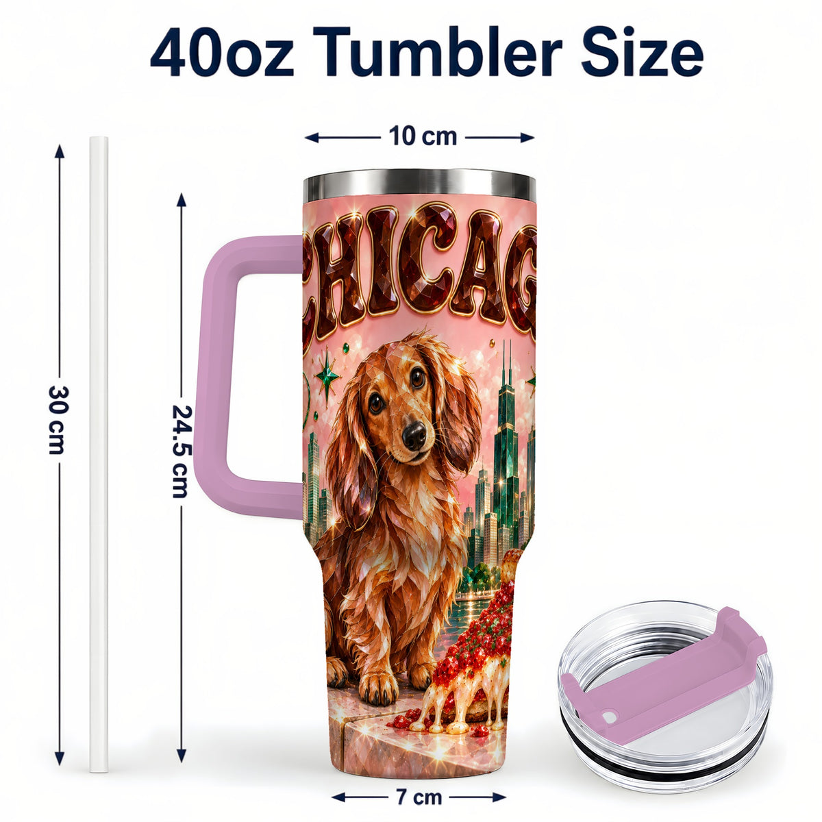#pl[40oz|Pink] Chicago Dog Pizza 40oz Tumbler with Handle, Stainless Steel Travel Cup