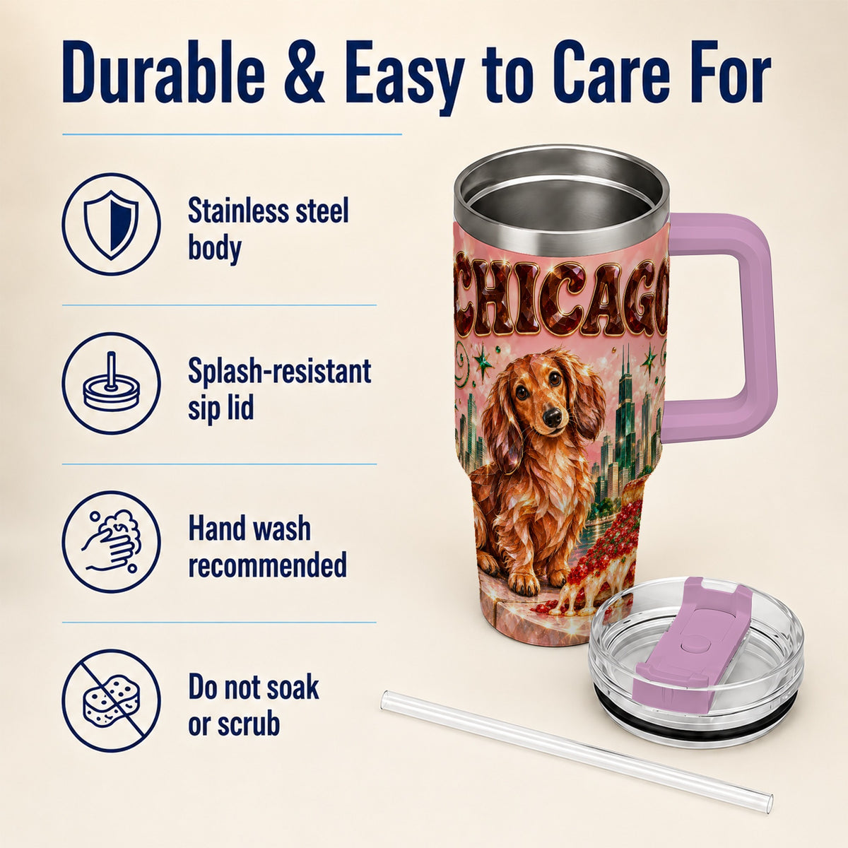 #pl[40oz|Pink] Chicago Dog Pizza 40oz Tumbler with Handle, Stainless Steel Travel Cup