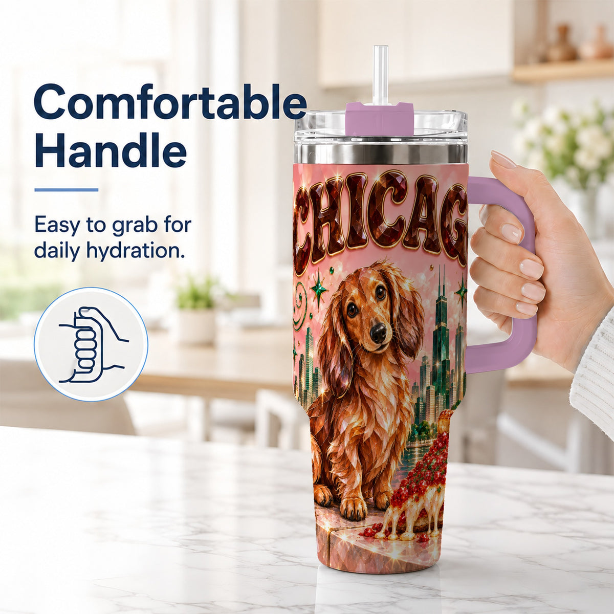 #pl[40oz|Pink] Chicago Dog Pizza 40oz Tumbler with Handle, Stainless Steel Travel Cup