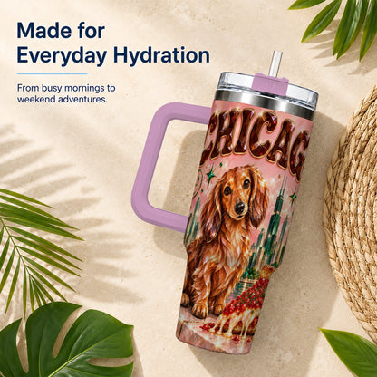 #pl[40oz|Pink] Chicago Dog Pizza 40oz Tumbler with Handle, Stainless Steel Travel Cup