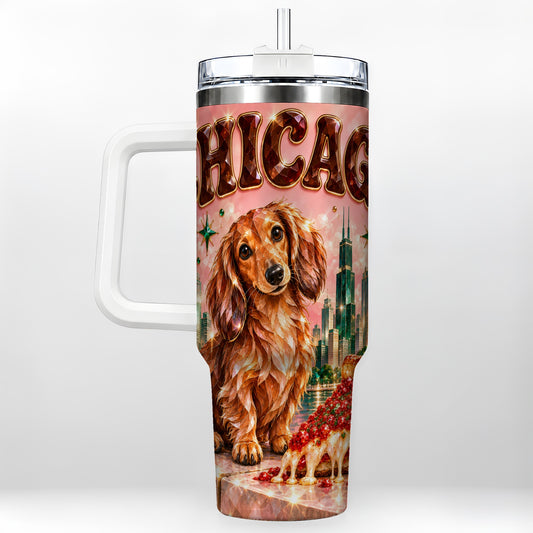 Chicago Dog Pizza 40oz Tumbler with Handle, Stainless Steel Travel Cup