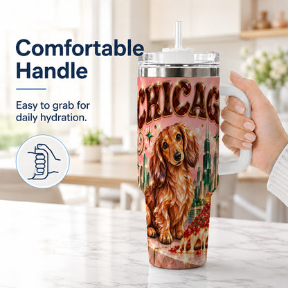 #pl[40oz|White] Chicago Dog Pizza 40oz Tumbler with Handle, Stainless Steel Travel Cup