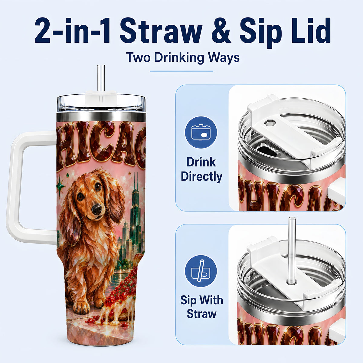 #pl[40oz|White] Chicago Dog Pizza 40oz Tumbler with Handle, Stainless Steel Travel Cup