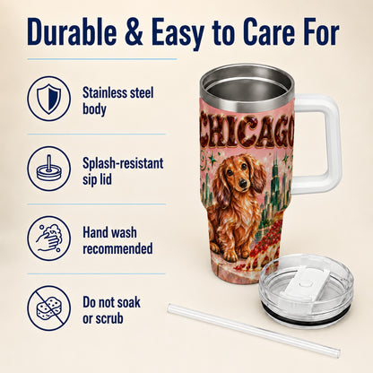 #pl[40oz|White] Chicago Dog Pizza 40oz Tumbler with Handle, Stainless Steel Travel Cup