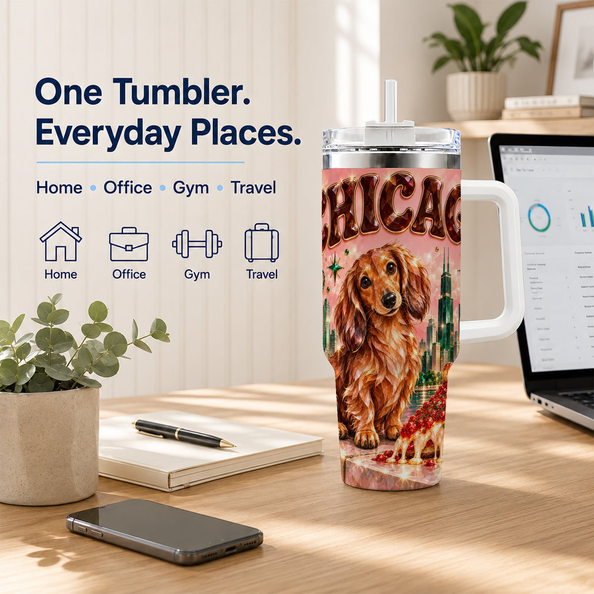 #pl[40oz|White] Chicago Dog Pizza 40oz Tumbler with Handle, Stainless Steel Travel Cup