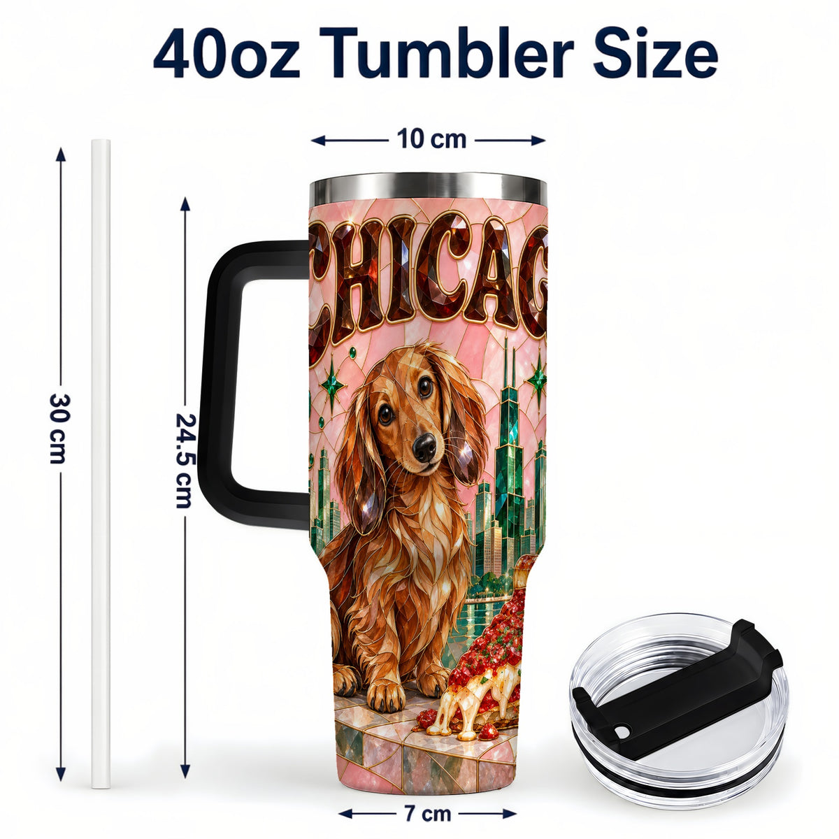 #pl[40oz|Black] Chicago Dog Pizza 40oz Tumbler with Handle, Stainless Steel Travel Cup