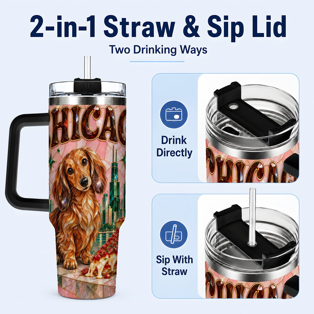 #pl[40oz|Black] Chicago Dog Pizza 40oz Tumbler with Handle, Stainless Steel Travel Cup