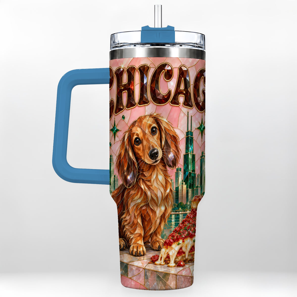 #pl[40oz|Blue] Chicago Dog Pizza 40oz Tumbler with Handle, Stainless Steel Travel Cup