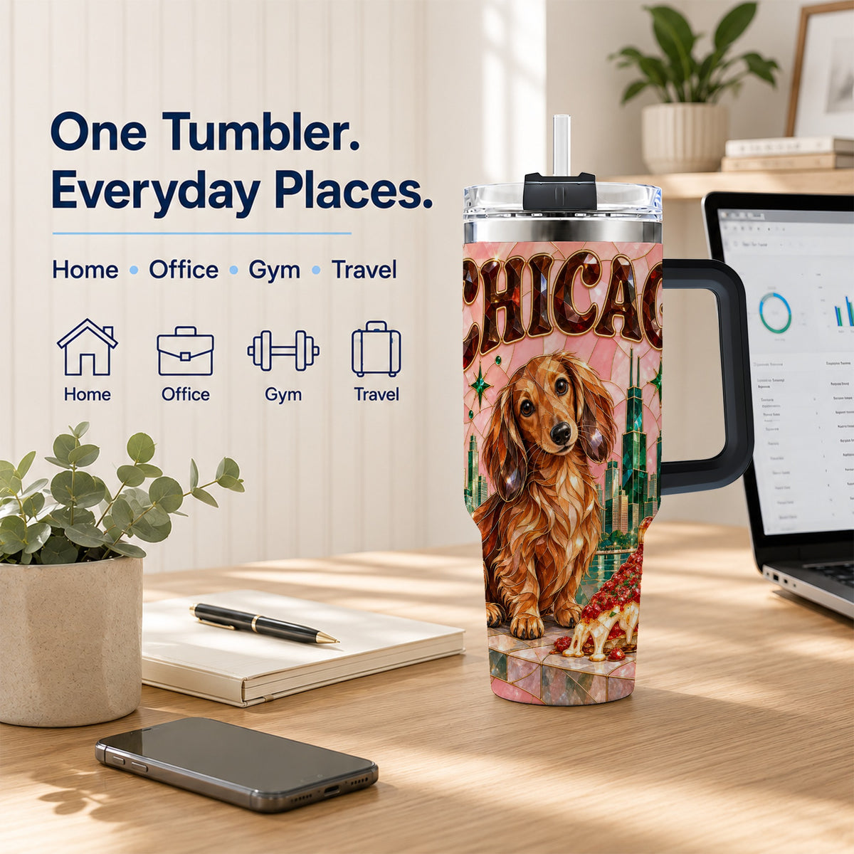 #pl[40oz|Black] Chicago Dog Pizza 40oz Tumbler with Handle, Stainless Steel Travel Cup