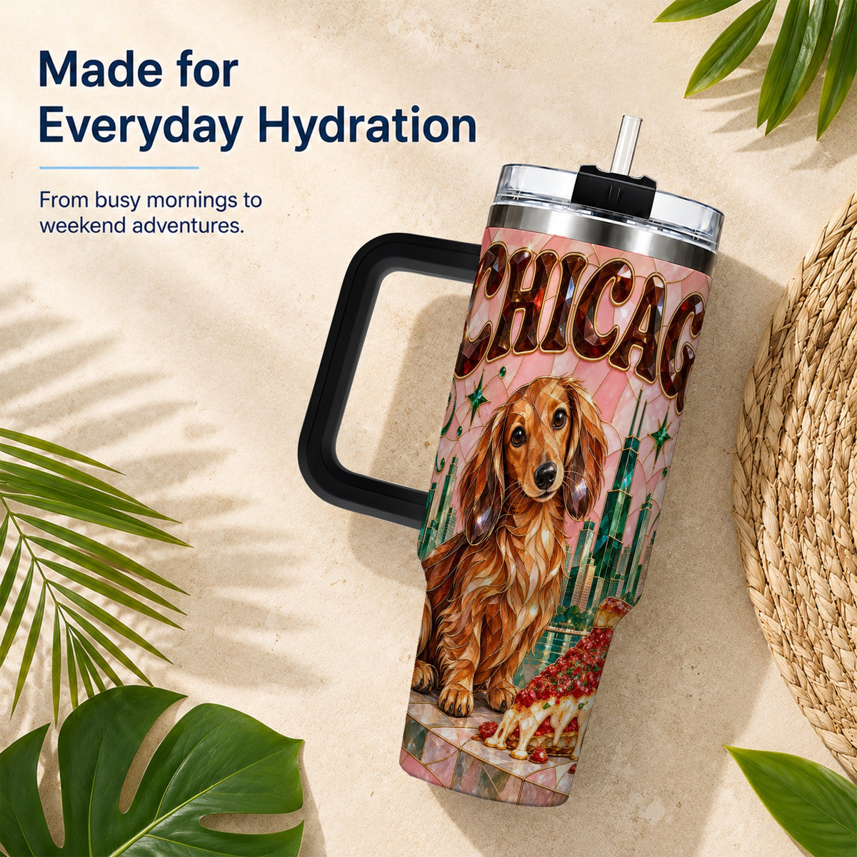 #pl[40oz|Black] Chicago Dog Pizza 40oz Tumbler with Handle, Stainless Steel Travel Cup