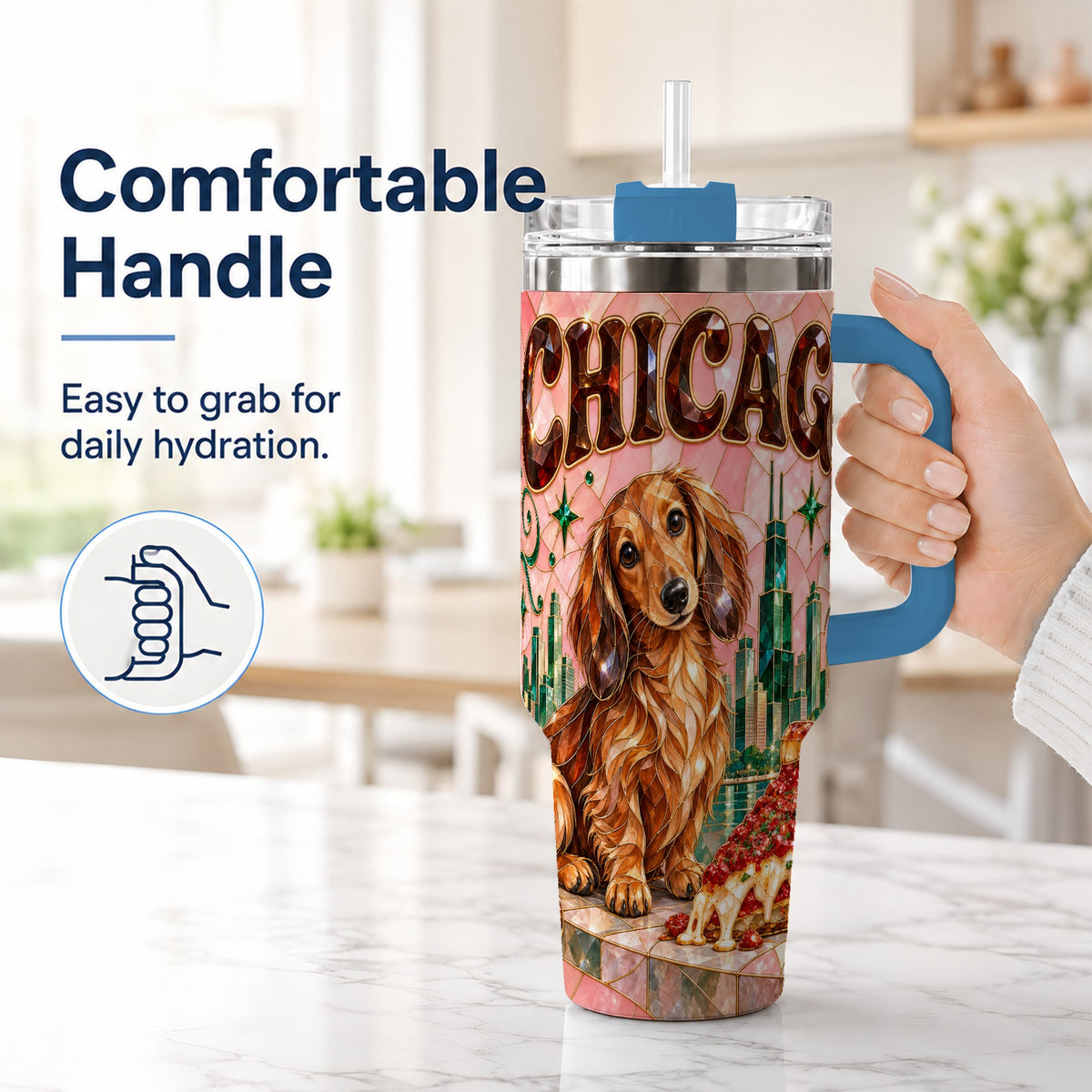 #pl[40oz|Blue] Chicago Dog Pizza 40oz Tumbler with Handle, Stainless Steel Travel Cup