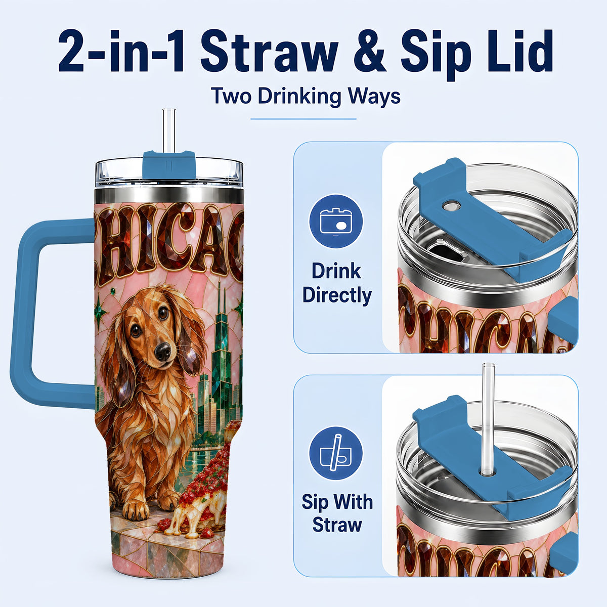 #pl[40oz|Blue] Chicago Dog Pizza 40oz Tumbler with Handle, Stainless Steel Travel Cup
