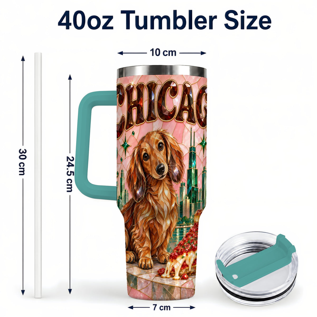 #pl[40oz|Green] Chicago Dog Pizza 40oz Tumbler with Handle, Stainless Steel Travel Cup
