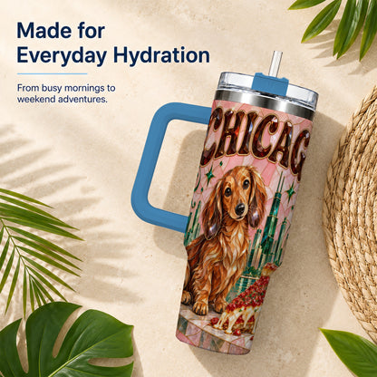 #pl[40oz|Blue] Chicago Dog Pizza 40oz Tumbler with Handle, Stainless Steel Travel Cup