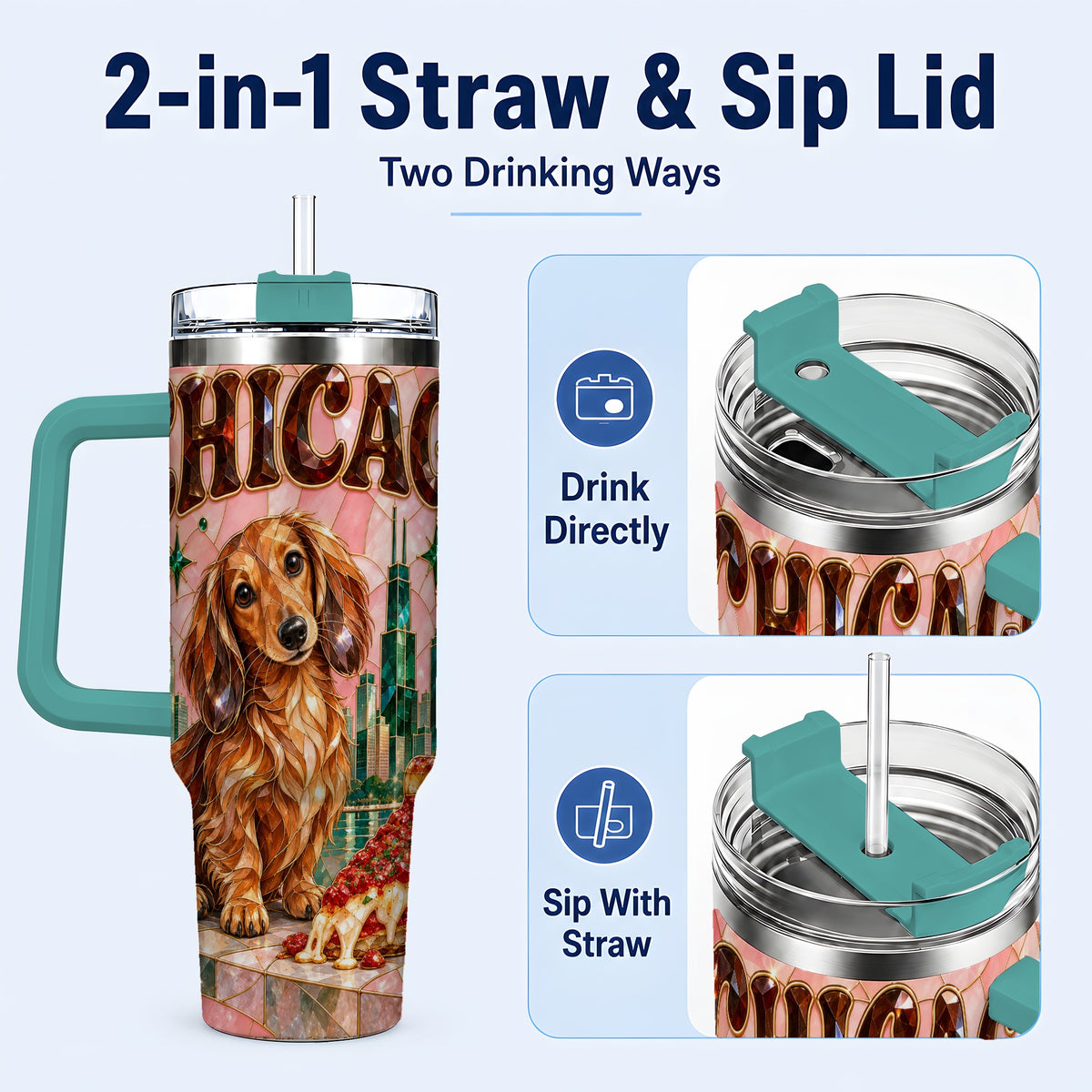 #pl[40oz|Green] Chicago Dog Pizza 40oz Tumbler with Handle, Stainless Steel Travel Cup