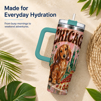 #pl[40oz|Green] Chicago Dog Pizza 40oz Tumbler with Handle, Stainless Steel Travel Cup
