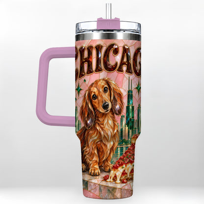 #pl[40oz|Pink] Chicago Dog Pizza 40oz Tumbler with Handle, Stainless Steel Travel Cup