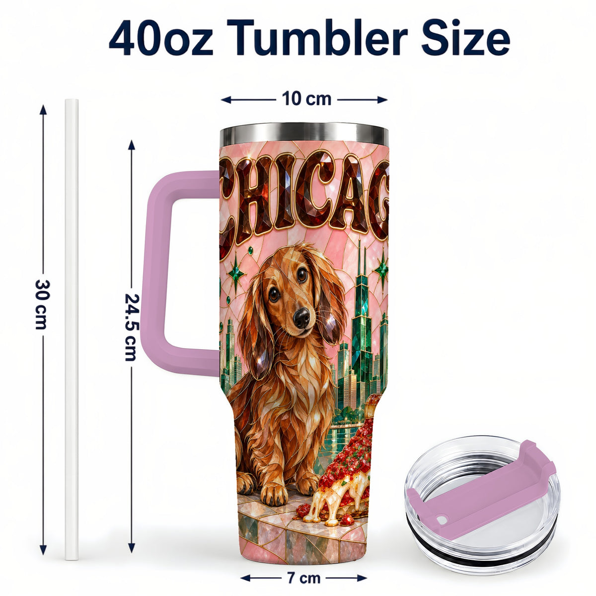 #pl[40oz|Pink] Chicago Dog Pizza 40oz Tumbler with Handle, Stainless Steel Travel Cup