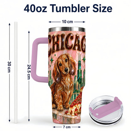 #pl[40oz|Pink] Chicago Dog Pizza 40oz Tumbler with Handle, Stainless Steel Travel Cup