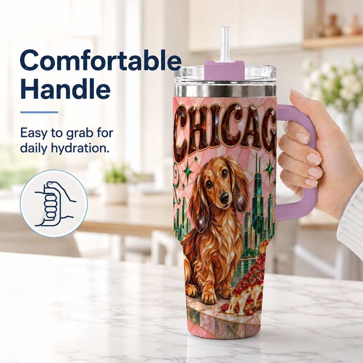 #pl[40oz|Pink] Chicago Dog Pizza 40oz Tumbler with Handle, Stainless Steel Travel Cup