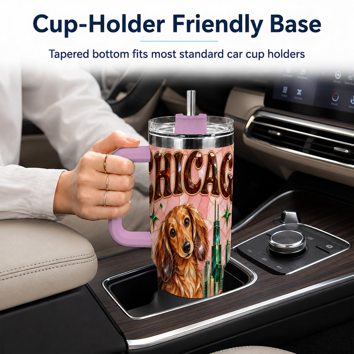 #pl[40oz|Pink] Chicago Dog Pizza 40oz Tumbler with Handle, Stainless Steel Travel Cup
