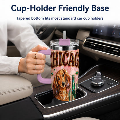 #pl[40oz|Pink] Chicago Dog Pizza 40oz Tumbler with Handle, Stainless Steel Travel Cup