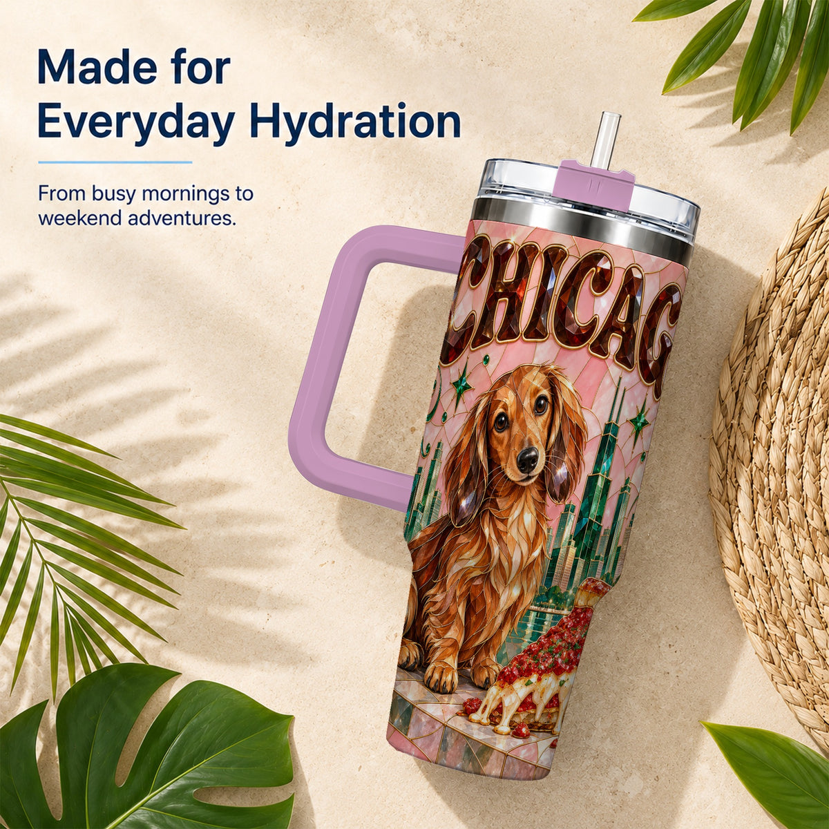 #pl[40oz|Pink] Chicago Dog Pizza 40oz Tumbler with Handle, Stainless Steel Travel Cup