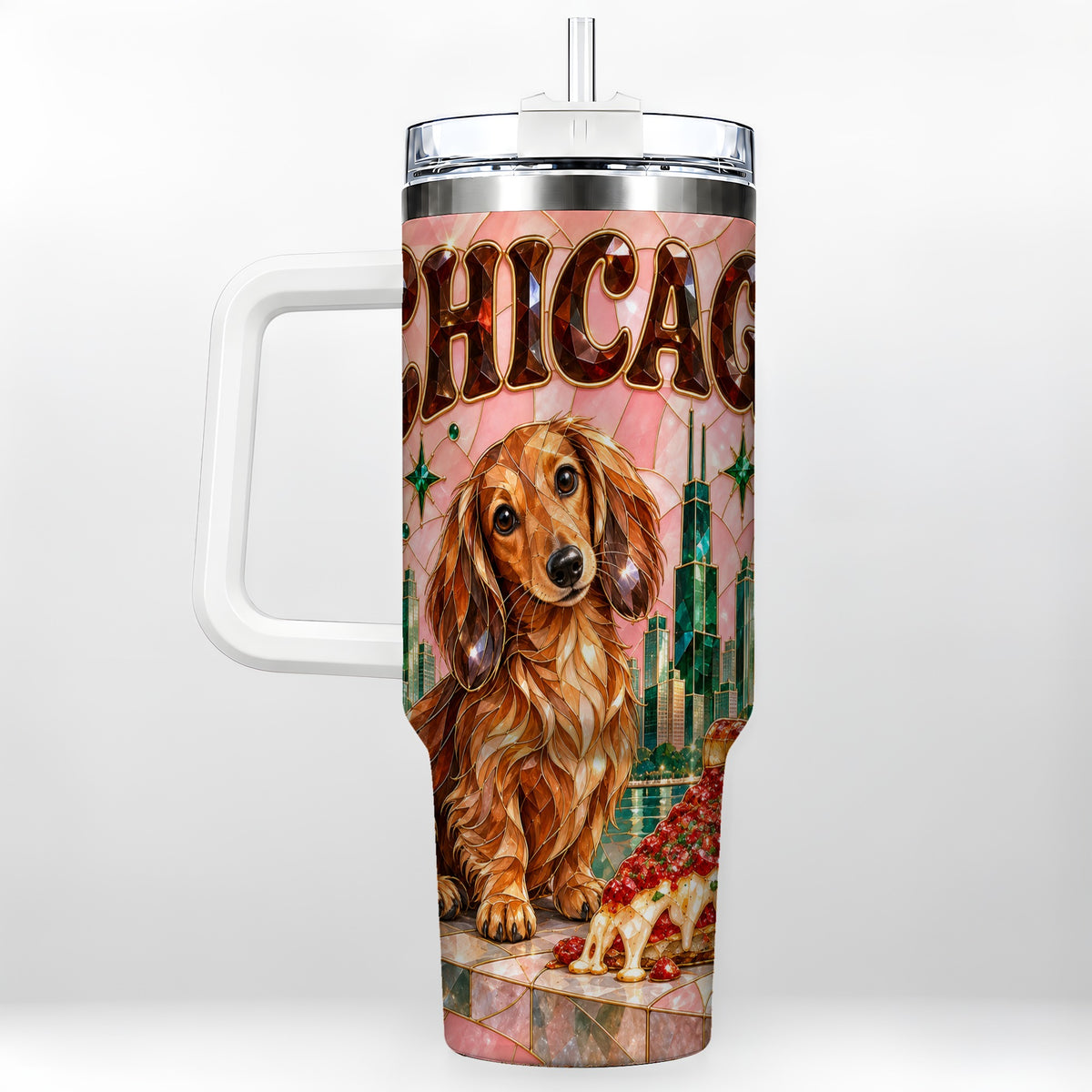Chicago Dog Pizza 40oz Tumbler with Handle, Stainless Steel Travel Cup