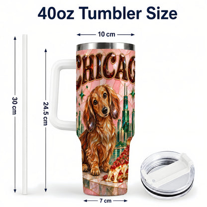 #pl[40oz|White] Chicago Dog Pizza 40oz Tumbler with Handle, Stainless Steel Travel Cup