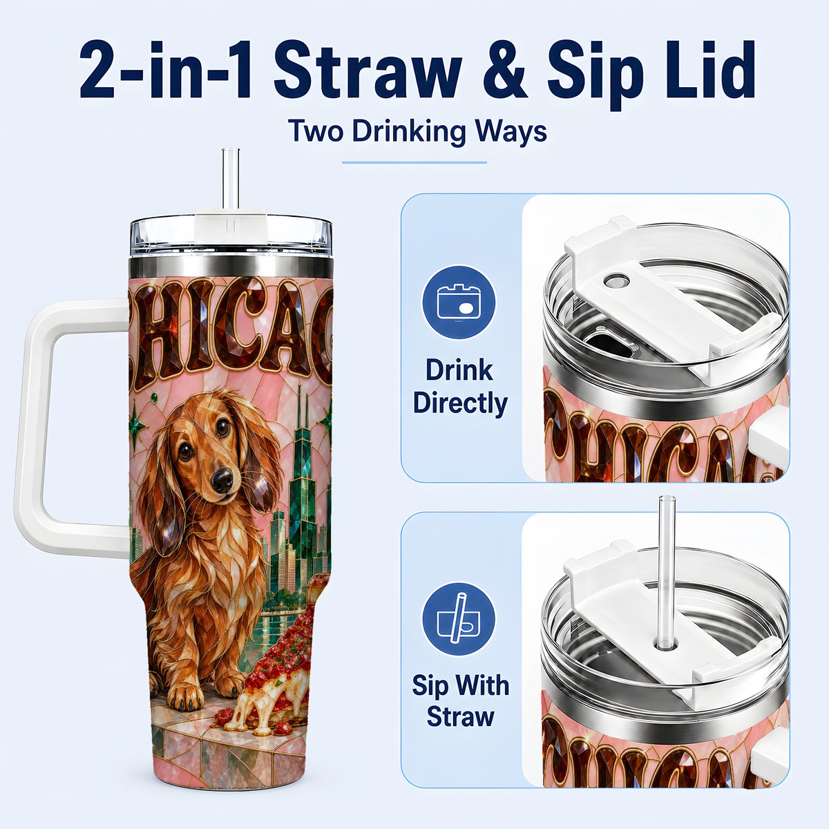 #pl[40oz|White] Chicago Dog Pizza 40oz Tumbler with Handle, Stainless Steel Travel Cup