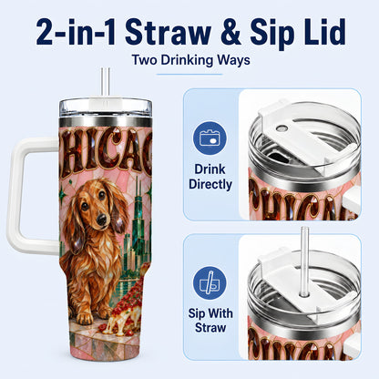 #pl[40oz|White] Chicago Dog Pizza 40oz Tumbler with Handle, Stainless Steel Travel Cup