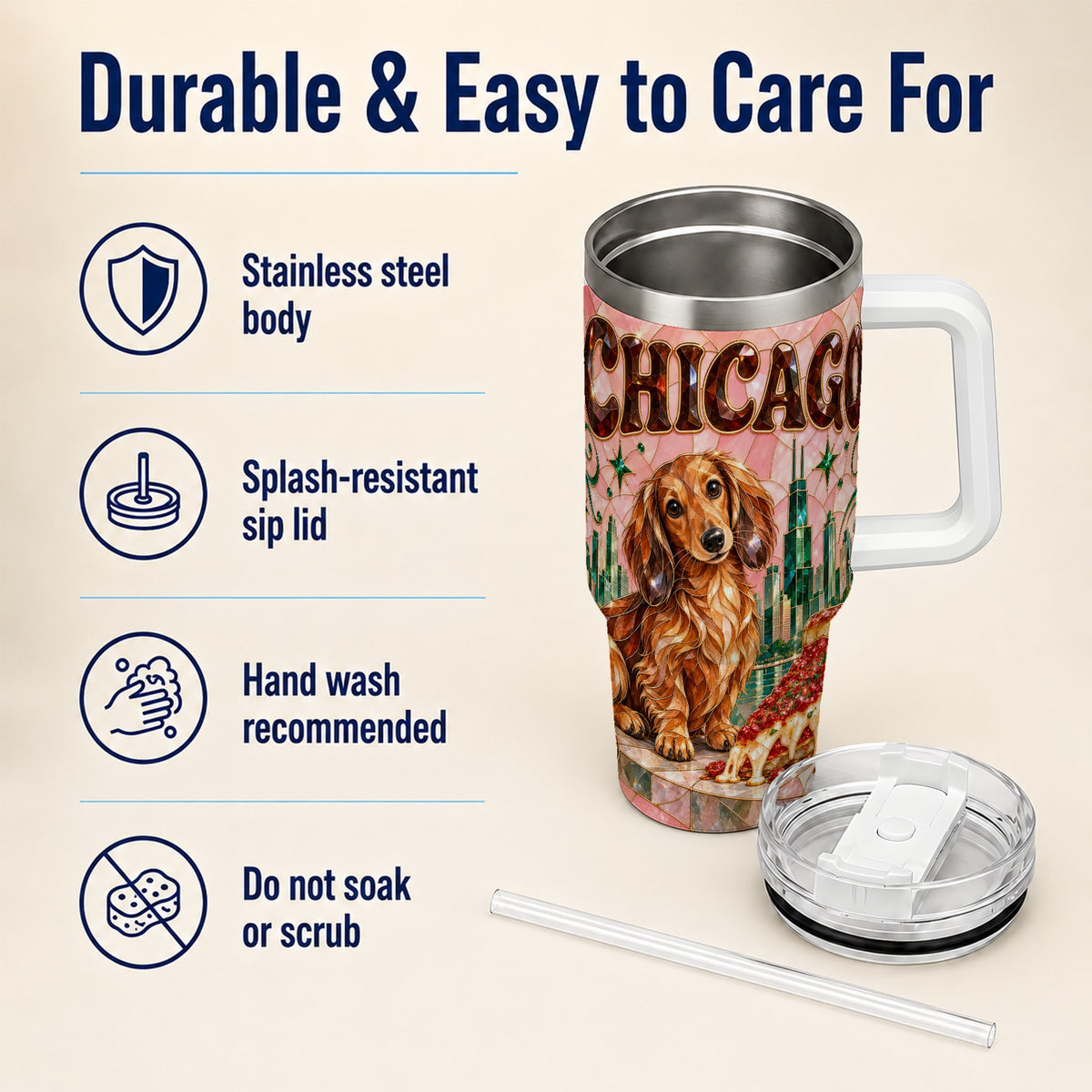 #pl[40oz|White] Chicago Dog Pizza 40oz Tumbler with Handle, Stainless Steel Travel Cup