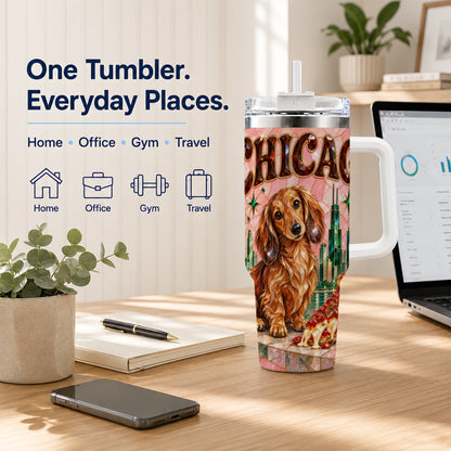 #pl[40oz|White] Chicago Dog Pizza 40oz Tumbler with Handle, Stainless Steel Travel Cup