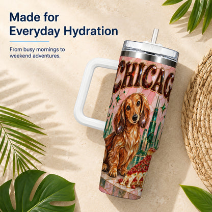 #pl[40oz|White] Chicago Dog Pizza 40oz Tumbler with Handle, Stainless Steel Travel Cup