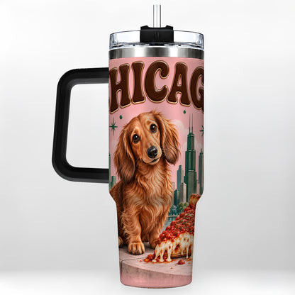 #pl[40oz|Black] Chicago Dog Pizza 40oz Tumbler with Handle, Stainless Steel Travel Cup